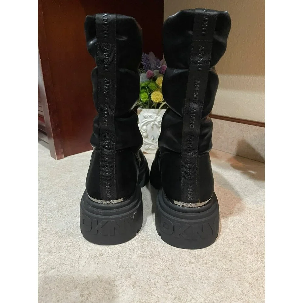 DKNY Fiza Black Platform Zipper Boots Chunky Sole Almond Toe Synthetic US Sz 7.5